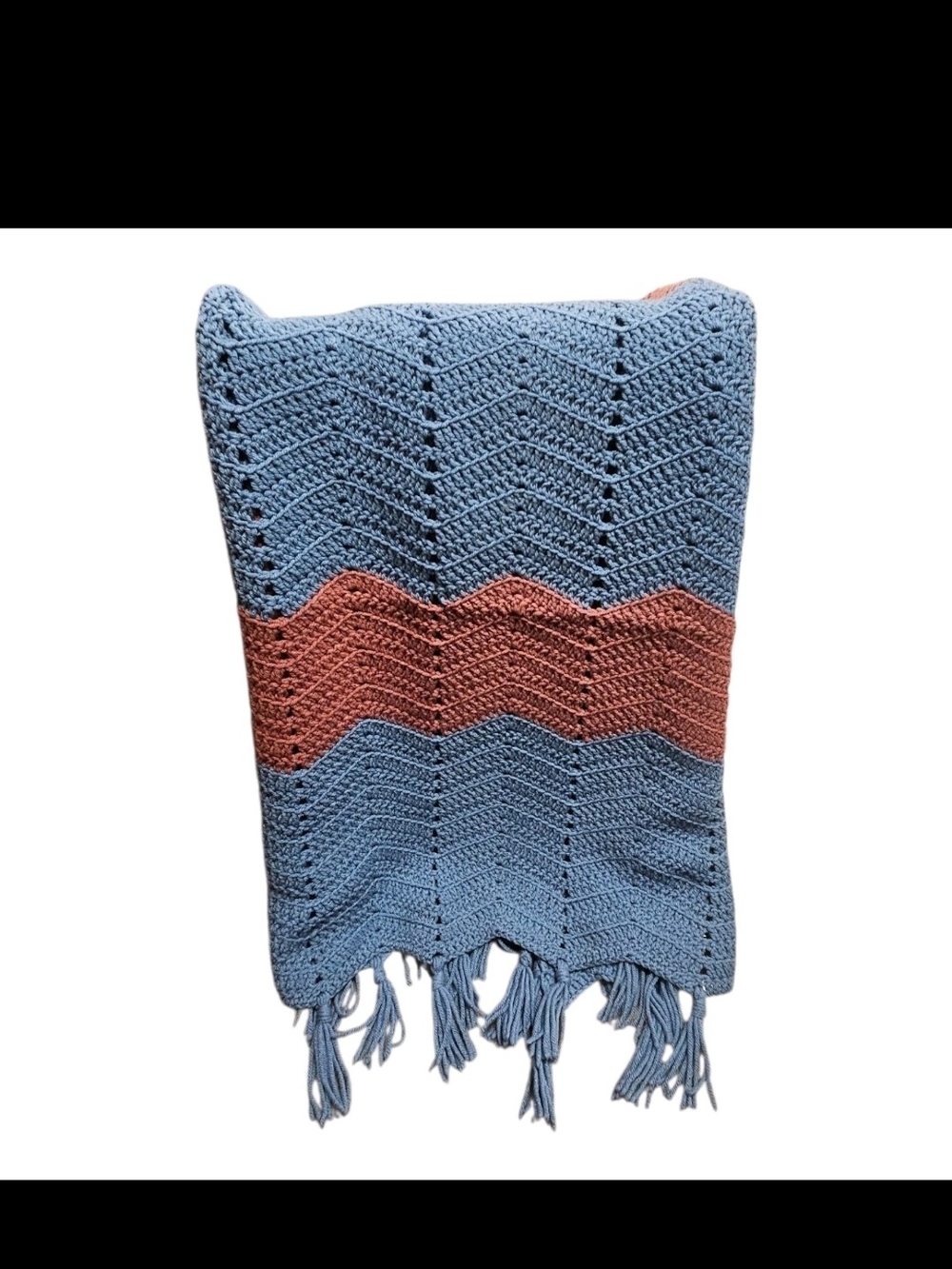 Crochet Afghan Blanket Ripple Chevron Blue Terracotta 59" x 45" Vintage